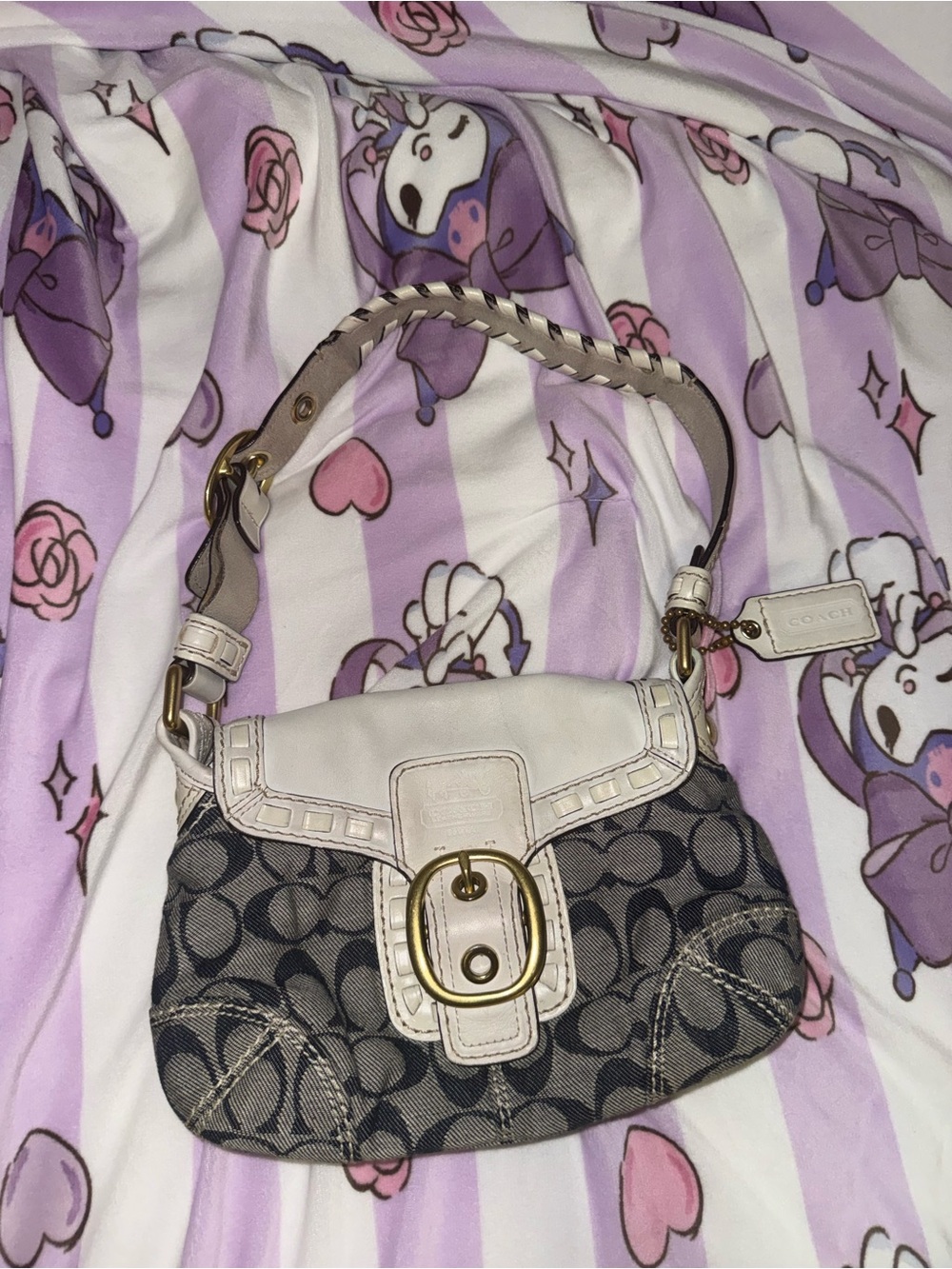Coach Gray Signature Canvas Shoulder Bag with Ivory Trim
